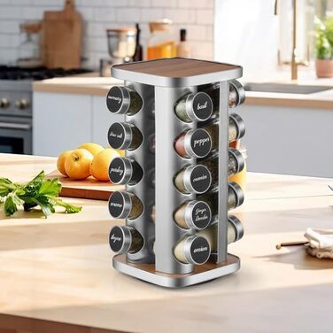 Підставка для спецій FRIBERG з 20 круглими банками для спецій, 100 мл, карусель для спецій з нержавіючої сталі, що обертається на 360, стійка для спецій з лійкою, етикеткою, ручкою та щіткою для чищення, срібляста 20