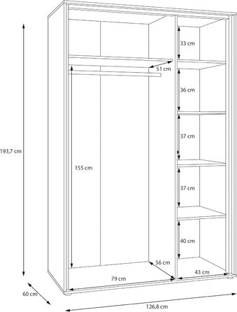 Гардероб Forte WEXLIN 120 130, сучасна шафа, 2 двері на петлях, дитяча та підліткова кімната, інженерна деревина, декор кашемірубежевогодуба маувелла, 126,3 см завширшки x 193,7 см заввишки x 60 см завглибшки