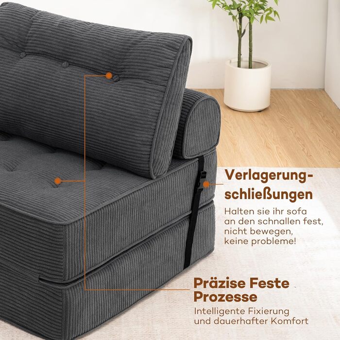 Розкладний диван-ліжко, що трансформується 3-в-1, диван-ліжко, крісло-ліжко з подушками, крісло-мішок, зручний диван-ліжко, підлоговий диван-гойдалка для спальні, вітальні, сірого кольору, 80 см, 80 x 80 см, сірий