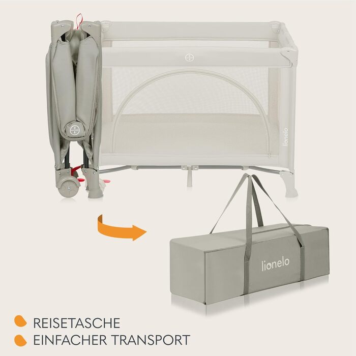 Дорожнє ліжечко Lionelo Laura 2-в-1 до 15 кг, манеж від 0 до 36 місяців, бічний вхід T25, пінопластовий матрац, 2 налаштування висоти, дорожня сумка, колеса з гальмами