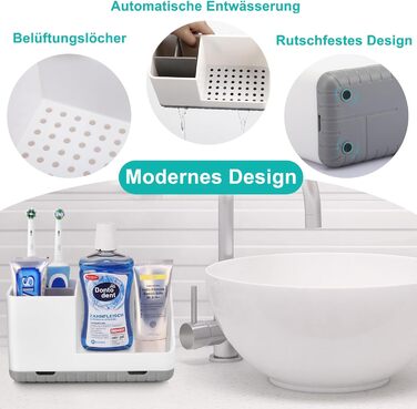 Тримач для зубної щітки для органайзера у ванній кімнаті, тримач для електричної зубної щітки зі зливним отвором, знімний органайзер для зубної щітки для ванної кімнати, кухні та сімї (сірий)