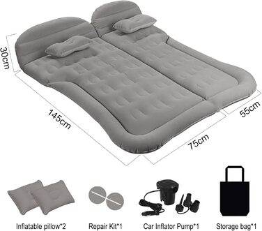 Надувний матрац Vinteky, надувний автомобільний матрац/ліжко з електричним повітряним насосом та 2 подушками, універсальний автомобільний матрац для багажника та позашляховика, для кемпінгу/подорожей/відпочинку на природі, 175 см x 130 см, сірий