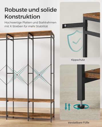 Відкрита шафа, вішалка для одягу, вішалка для пальто, шафа з рейкою для одягу, полиці, знімні гачки, 40 x 141 x 180 см, вінтажний коричневий RGR005B01 Вінтажний коричневий 40 x 141 x 180 см