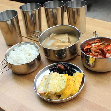 Набір посуду з нержавіючої сталі 8 предметів для кемпінгу та відпочинку на природі, портативний набір мисок та тарілок для пікніка Легкий кухонний набір з харчової нержавіючої сталі для піших прогулянок, подорожей з рюкзаком, подорожей та барбекю