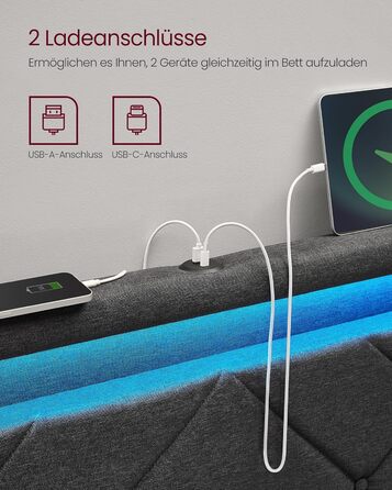 Каркас двоспального ліжка VASAGLE, Каркас ліжка, 180 x 200 см, LED, Металеве ліжко, 4 шухляди, Зарядна станція, Регульоване м&39яке узголів&39я, Темно-сірий RMB825GN02 Темно-сірий 180 x 200 см