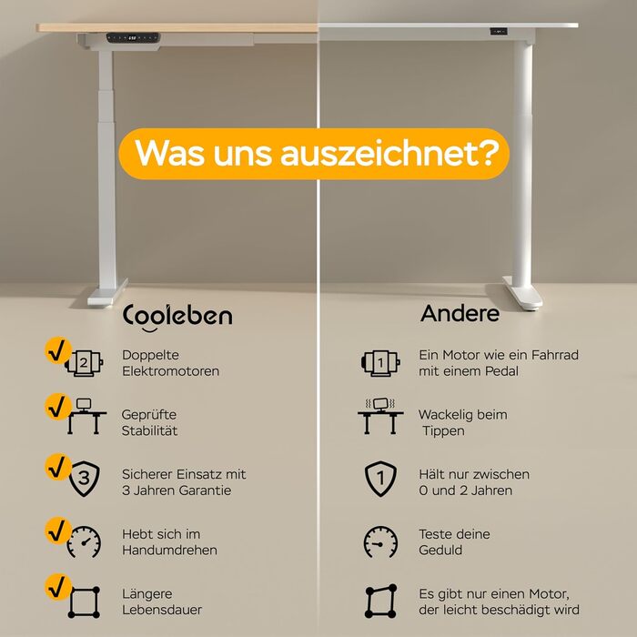 Стіл з регулюванням висоти 140x70 см, цільна стільниця 25 мм, подвійний двигун, 3-рівнева конструкція, інтелектуальне керування з 4 слотами пам&39яті та 2 USB-портами (бежевий білий 140 см x 70 см)