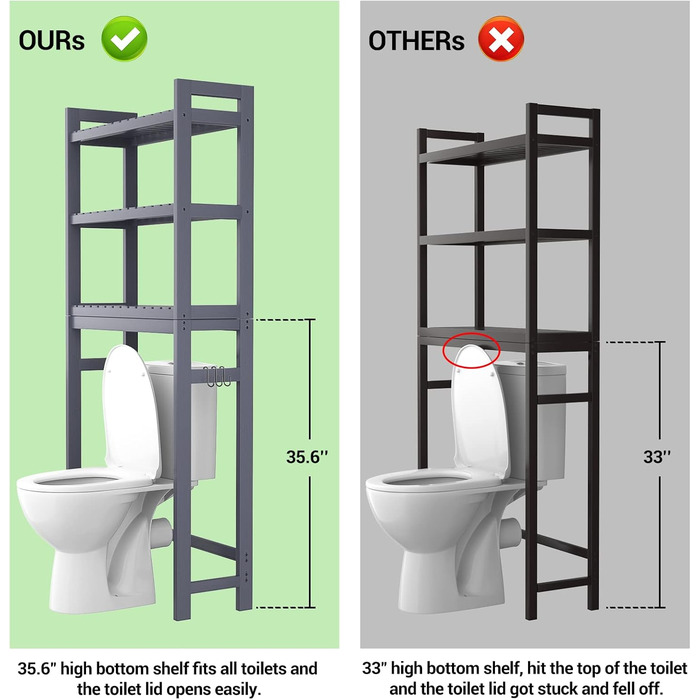 Туалетний тримач, бамбуковий, 3-рівневий, компактна полиця, органайзер, стійкий, окремо стоячий над унітазом тримач з 3 гачками для ванної, туалету, пральні, синьо-сірий 10.3'D x 24.8'W x 66.8'H Сірий