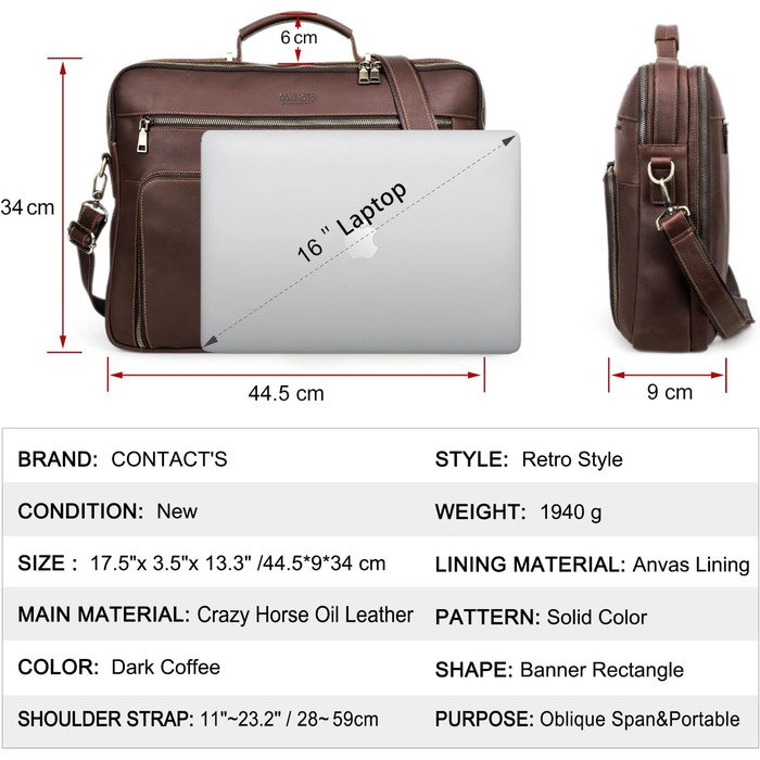 Контакти Шкіряний портфель для чоловіків, 16-дюймовий ноутбук сумка для офісу, шкіряний месенджер з ремінцем для візка, ПК портати