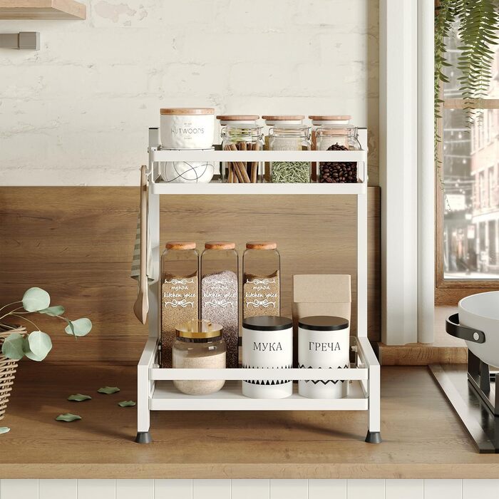 Багатофункціональна підставка для спецій NETEL, стояча, 2 рівні, підставка/тримач для спецій з нержавіючої сталі, органайзер для кухонних полиць на 4 гачки, біла, 2 рівні (базова модель)