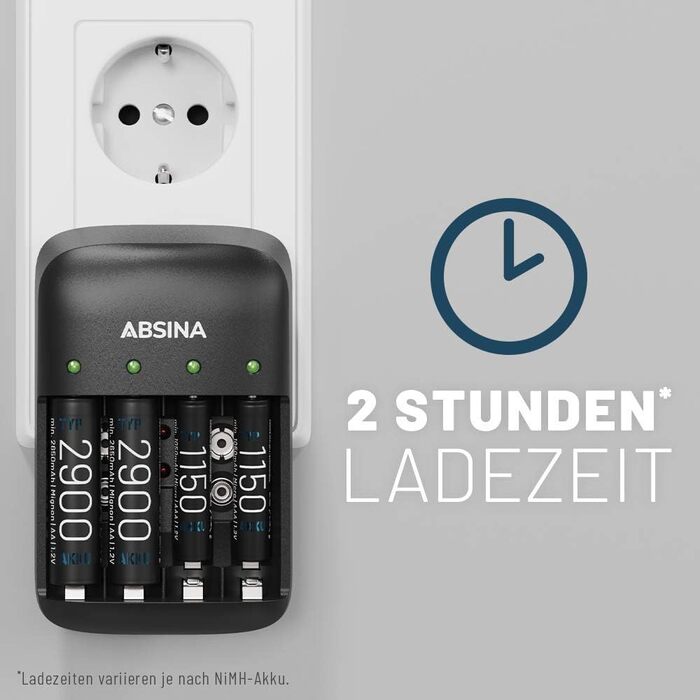 Зарядний пристрій ABSINA для акумуляторів AA, AAA та 9V, включаючи 8 батарейок AAA 1150 - NiMH 4-контактний зарядний пристрій для акумуляторних батарей - Зарядний пристрій для акумуляторів - 4-контактний зарядний пристрій, включаючи 8 батарейок AAA 1150