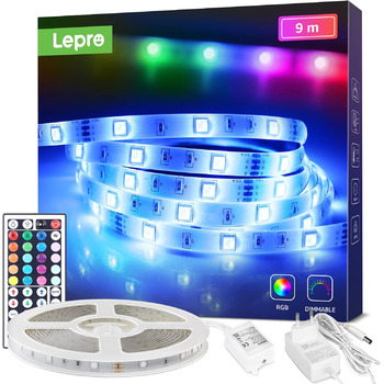 Світлодіодна стрічка Lepro RGB самоклеюча 5050 SMD, світлодіодна стрічка 24 В постійного струму, світлодіодна стрічка IP20, світлодіодна стрічка з регулюванням яскравості з блоком живлення Контролер дистанційного керування для дому, вечірки, кухні (9M)