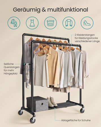 Вішалка для одягу SONGMICS, Штанга для одягу, Гардеробна підставка з 2 шт. ангами для одягу та полицею, Колеса, Вантажопідйомність до 110 кг, Промисловий дизайн, для спальні, Гардеробної, Чорний HSR60B Чорна одинарна рейка