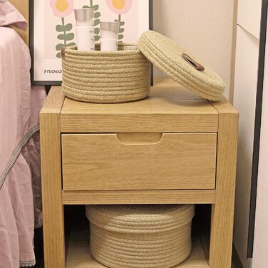 Кошик з джутової мотузки з кришкою, Декоративні плетені кошики з кришкою, Круглий кошик зі шкіряною ручкою та кришкою, Маленький кошик з кришкою, Кошики для зберігання з кришкою Комплект з 2 шт. (22x14 см/19x11 см) 22x14 см/19x11 см Джут