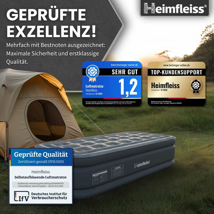 Надувний матрац Heimfleiss для 1 особи Преміальний самонадувальний надувний матрац 100x200 см Швидко надувається, ідеально підходить як ліжко для гостей та ліжко для подорожей Самонадувальний кемпінговий надувний матрац насос, 1 особа, сірий