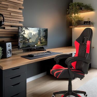 Офісне крісло, ігрове крісло GAMEBREAKER W02, письмове крісло з підголівником та поперековою опорою, регульована висота, штучна шкіра чорного/червоного кольору.