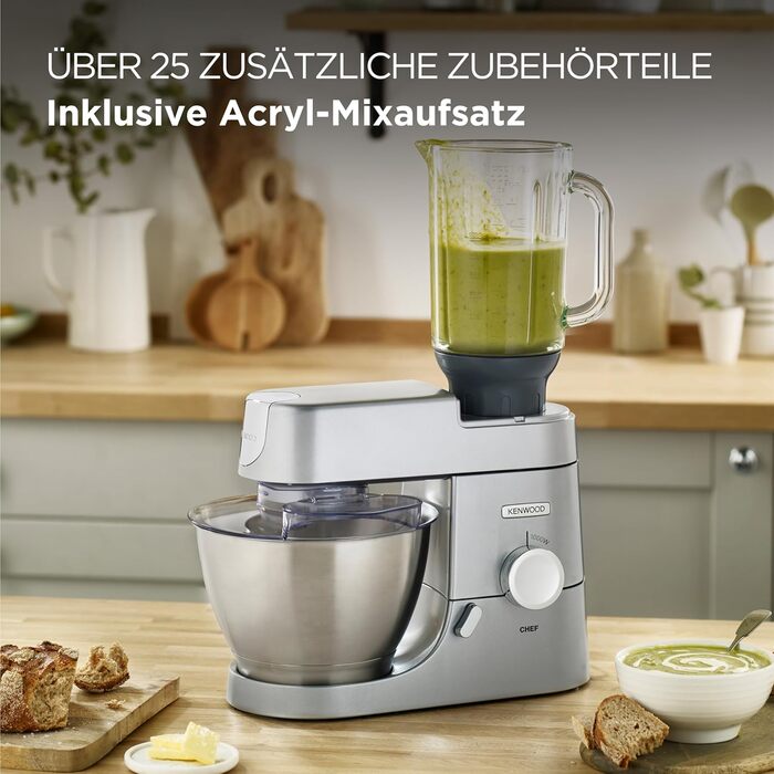 Кухонний комбайн Kenwood Chef KVC3110S, чаша для змішування з нержавіючої сталі 4,6 л, система безпеки з блокуванням, металевий корпус, 1000 Вт, включаючи набір для кондитерських виробів із 3 предметів і насадку для акрилового блендера, срібло