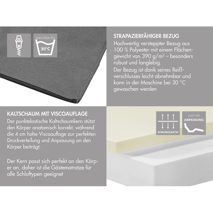 Гостьовий матрац Traumnacht de Luxe з високоякісним в&39язкоеластичним топпером та сучасним чохлом, 75 x 195 x 14 см, світло-сірий, виготовлений за німецькими стандартами якості. Гостьовий матрац чохол