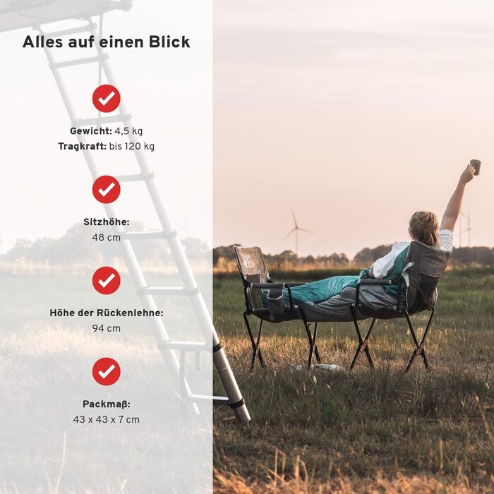 Кемпінгове крісло CAMPWERK, легке та компактне, зі спинкою, вбудованими підлокітниками та підсклянником, компактне, стійке до бруду та води, складане, для всіх видів активного відпочинку на свіжому повітрі, сіре