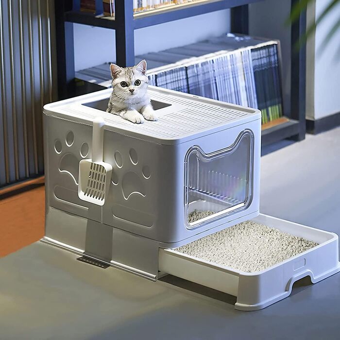 Котячий туалет Складаний котячий туалет з кришкою У комплекті совок, масажний гребінець, щітка та силіконова щітка для шампуню для домашніх тварин Іграшка для котів-дражнилок з пір&39я - велика місткість, легко чиститься (51 x 41 x 38 см)