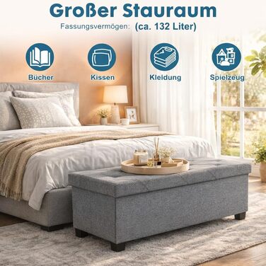 Лавка для зберігання DUMOS, Коробка для зберігання з кришкою, 110 x 38 см, Скриня-лавка для зберігання, Пуф для зберігання, Вантажопідйомність до 150 кг, Пуф для ніг для вітальні, спальні, гуртожитку, Сірий 110 x 38 x 38 см Сірий