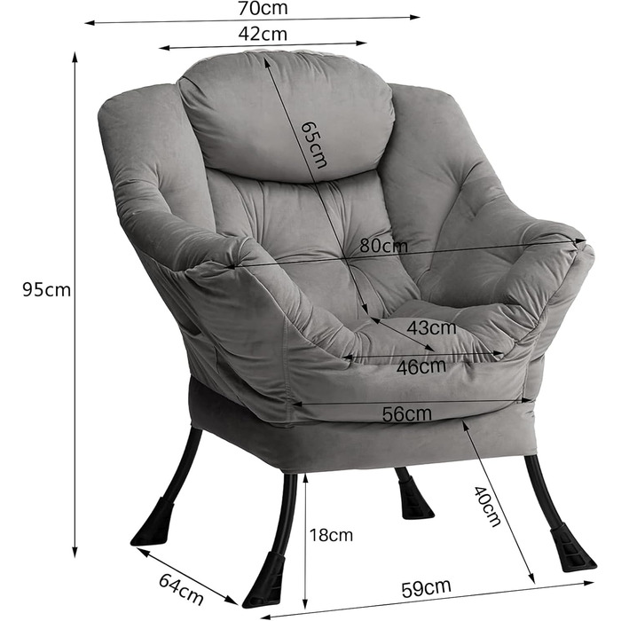 Крісло HollyHOME з відкидною спинкою, Вітальня та спальня, Оксамитове крісло-реклайнер, Крісло для читання, Крісло, Крісло для відпочинку, Темно-сірий, Темно-сірий 2