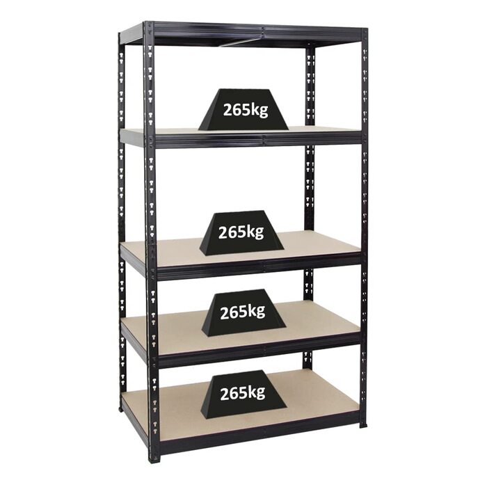Надміцний стелаж Tiger Black 180x100x60 см, загальне навантаження 1365 кг. Стелаж для підвалу, стелаж без болтів, гаражний стелаж, стелаж для зберігання 180x100x60 см 5 полиць чорного кольору