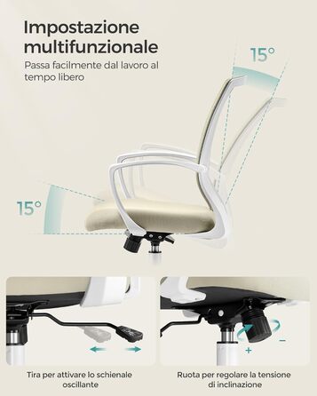 Офісний стілець SONGMICS, стілець для роботи з сітчастою оббивкою, комп&39ютерний стілець з регульованою висотою, обертовий стілець, функція гойдання, повітропроникний, офісний, кабінетний, вантажопідйомність до 120 кг, колір капучино бежевий OBN022K01 ко