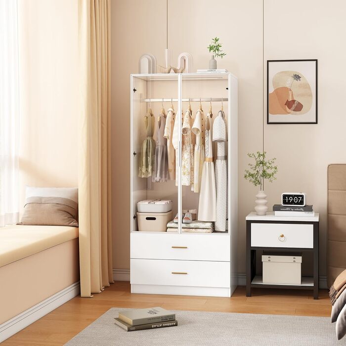 Шафа для спальні зі світлодіодним освітленням, шафа зі скляними дверима, вішалки для одягу та шухляд (Біла Ш, 50x80x175 см) Біла Ш 50x80x175 см