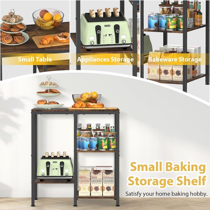 Підставка для кухонної мікрохвильової печі, 4-рівнева, регульована, багатофункціональний кухонний візок для зберігання кавоварки, компактна металева полиця для вітальні (коричнева) Коричнева