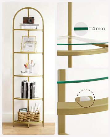 Кутова полиця VASAGLE, 5 полиць, книжкова полиця, полиця для рослин, окремостояча полиця, полиця для ванної кімнати, полиці із загартованого скла, сталева рама, сучасна, для вітальні, кухні, металеве золото LGT810A01 5 полиць (28 x 28 x 158 см) металеве з