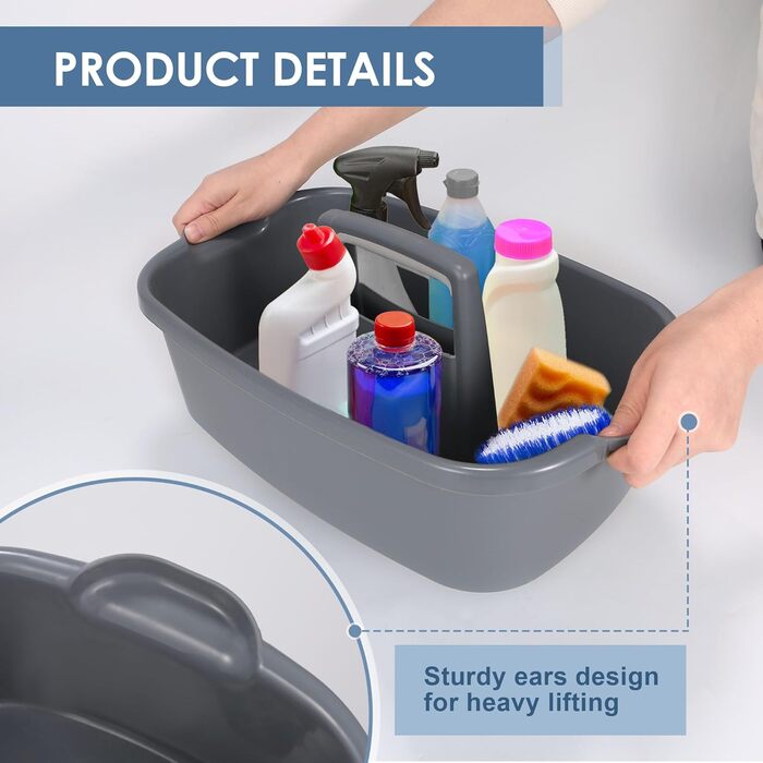Абелювані органайзери для мийних засобів - кошик для зберігання, багатоцільовий пластиковий кошик з ручкою, кошик для садових інструментів, кошик для прибирання, органайзер для ванної кімнати, коробка для зберігання, сірий, 2 шт.