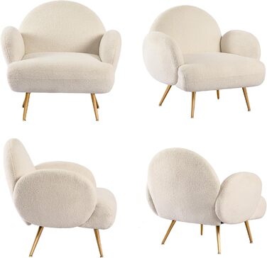 Сучасне крісло для відпочинку, одномісний диван, диван для відпочинку, затишна плюшева тканина, золотисті металеві ніжки, підходить для вітальні, спальні, білий, біло-золоті підлокітники