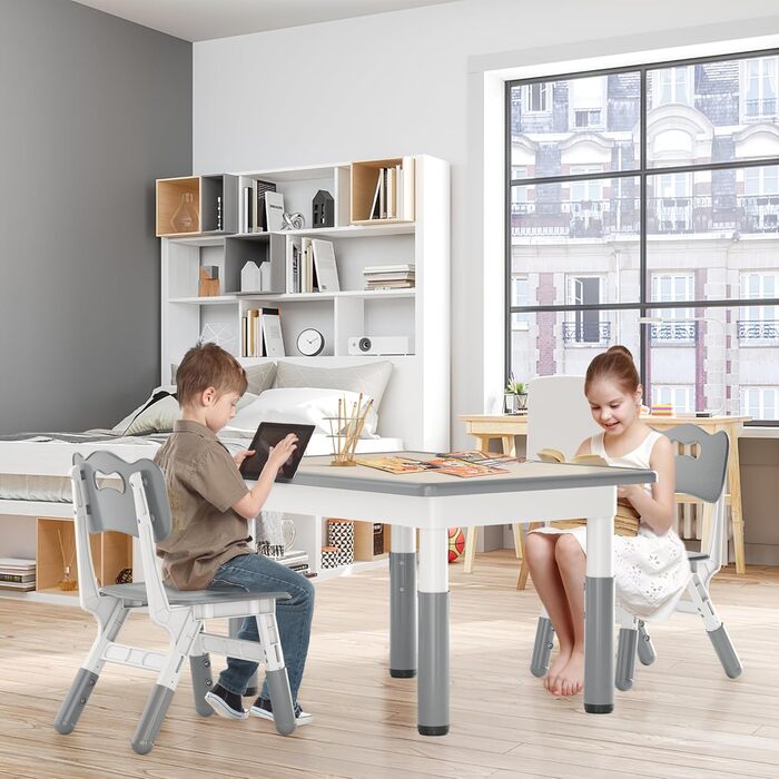 Дитячий стіл з 2 стільцями, регульована по висоті 3-секційна дитяча комплектація сидінь, пластикові меблі для дитячої кімнати, ігровий стіл/парта для дітей віком від 2 років, 80x60 см