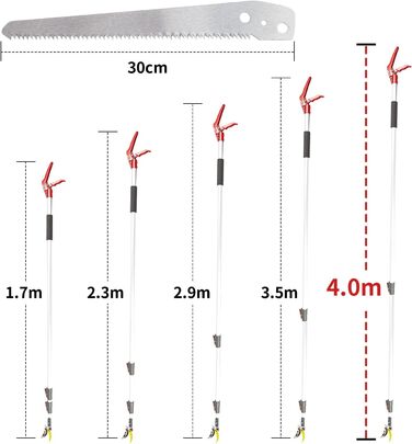 Телескопічні секатори LAIWOO 1,7-4 м, пила для секатора зі сталевим зубцем SK5, довжина пильного диска 30 см, регульована по довжині телескопічна пила для обрізки для роботи у віддалених місцях, ножиці для збору плодів для саду 1,7-4м