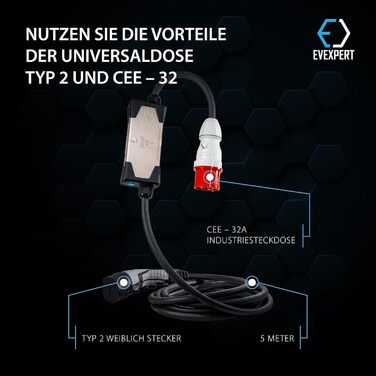 Зарядний кабель EVEXPERT Type 2 Schuko, Eveline Max I/II, 3,7-22кВт Smart EV зарядний пристрій та мобільна зарядна станція для еле