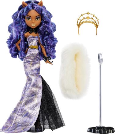 Лялька Monster High Howliday Winter Edition, колекційна річ Clawdeen Wolf, у лавандовій сукні ICY з хутряним боа та аксесуарами, різнокольоровий колір