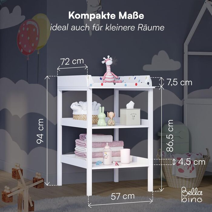 Дерев&39яний пеленальний столик Bellabino Bani білого кольору вузький пеленальний столик з 2 відкритими полицями зручний для спини пеленальний столик висотою 86 см велика пеленальна поверхня 70 x 53 см