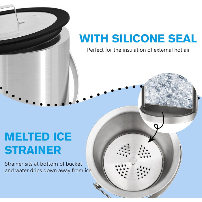 Відро для льоду з силіконовою кришкою, 3 л, двостінне відро, щипці для льоду, ручка і ситечко, велике, з нержавіючої сталі, ізольо