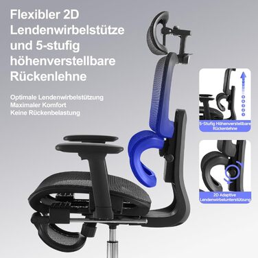 Ергономічне офісне крісло з підставкою для ніг та подушкою для шиї, 5-позиційне регулювання висоти спинки, 2D-підтримка попереку, 3D-підлокітники/підголівник, функція нахилу 145, сітчасте сидіння, гумові колеса, чорний колір.