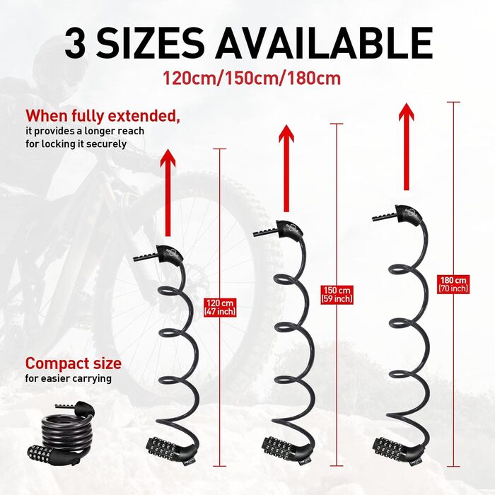 Кабельний замок для велосипеда та самоката, 5-значний код, з можливістю скидання, кодовий замок, захист від крадіжки, надійна фіксація, 177,8 см (70 дюймів), комплект з 2 шт.