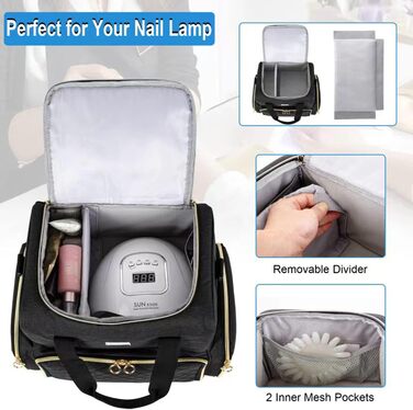 Мішечок для лаку для нігтів, двошаровий органайзер для зберігання лаку для нігтів на 80 флаконів (15 мл) та лампу для нігтів, великий футляр для косметики з відділеннями для зберігання, чорний