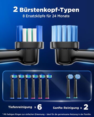 Електрична зубна щітка з обертанням для дорослих та дітей, 8 насадок (2 типи), 3 рівні інтенсивності, 5 режимів, з настінним тримачем та зарядною станцією, таймер чищення 2 хвилини, чорний колір, (в упаковці)