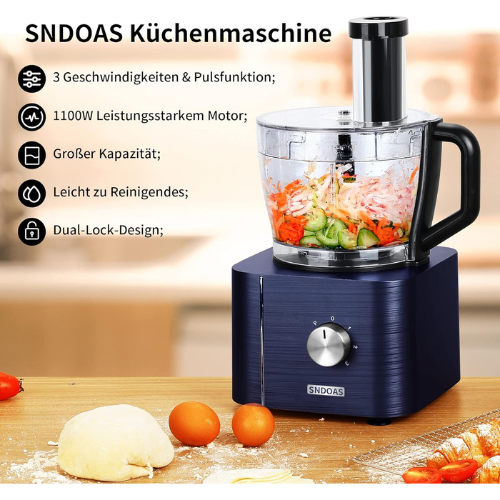 Кухонний комбайн SNDOAS, багатофункціональний кухонний комбайн 1100 Вт, чаша для замішування тіста 3,2 л, подрібнювач кухонного комбайна, блендер 1,5 л, м'ясорубка, темно-синій