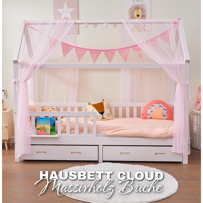 Ліжко для дому 90x200 з шухлядою, матрацом та набором 4-TLG DEKO рожевого кольору, вкл. захист від падіння книжкової полиці та рей