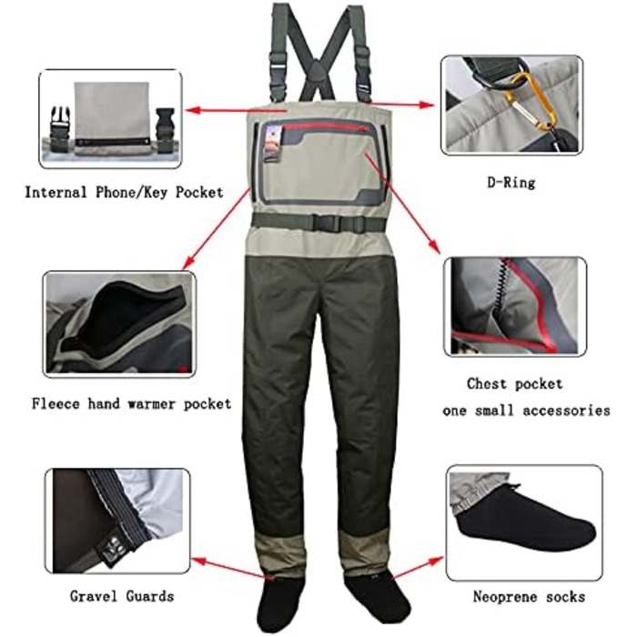 Чоловічі рибальські вейдерси Kylebooker, дихаючий одяг для риболовлі, вейдерси для нахлистової риболовлі на ногу та груди, доступні дихаючі водонепроникні рибальські вейдерси KB004 L оливково-зелені