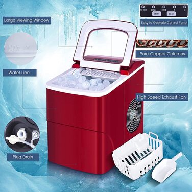 Машина для виробництва кубиків льоду, льодогенератор з функцією самоочищення, машини для виробництва кубиків льоду 12 кг/24 години, льодогенератор 2 розмірів, 9 кубиків льоду за 6 хвилин льодогенератор, тиха машина для виробництва кубиків льоду Подрібнени