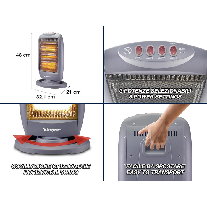 Галогенна нагрівальна панель BEPER P203PAN011, 400/800/1200 Вт, 3 нагрівальні елементи, 3 рівні потужності, автоматичне горизонтальне коливання, функція ECO та автоматичне вимкнення, сіра