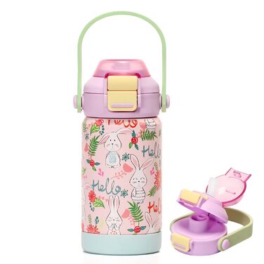 Дитяча ізольована пляшка для води з кришкою-трубочкою, 350 мл, вакуумний стаканчик з подвійною стінкою без бісфенолу А, 18/8 нержавіюча сталь, герметичний, дитячий, з трубочкою для школи, подорожей, хлопчиків, дівчаток (кролик)