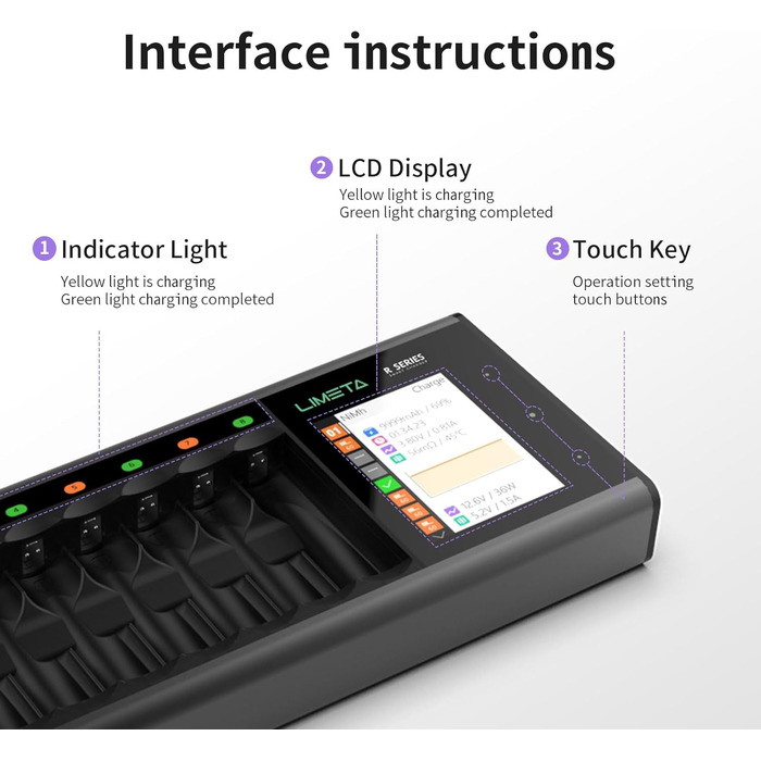 Зарядний пристрій LIMETA на 16 слотів для акумуляторів AA AAA для NiMH, NiCd, NiZn, LiFePO4 та 3,7V літій-іонних акумуляторів, розумний швидкий зарядний пристрій для акумуляторних батарей R16