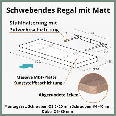 Настінна книжкова полиця - 80x24 см - Плаваюча полиця - Підвісна полиця - Полиця для полиць - Біла - Кухонна полиця - Дитяча книжкова полиця - Декор для вітальні - Полиця для спецій, біла, 80x24